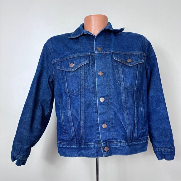 Vintage 1980s Denim Jacket with Red and Black Plaid Lining, Roebucks Size Medium